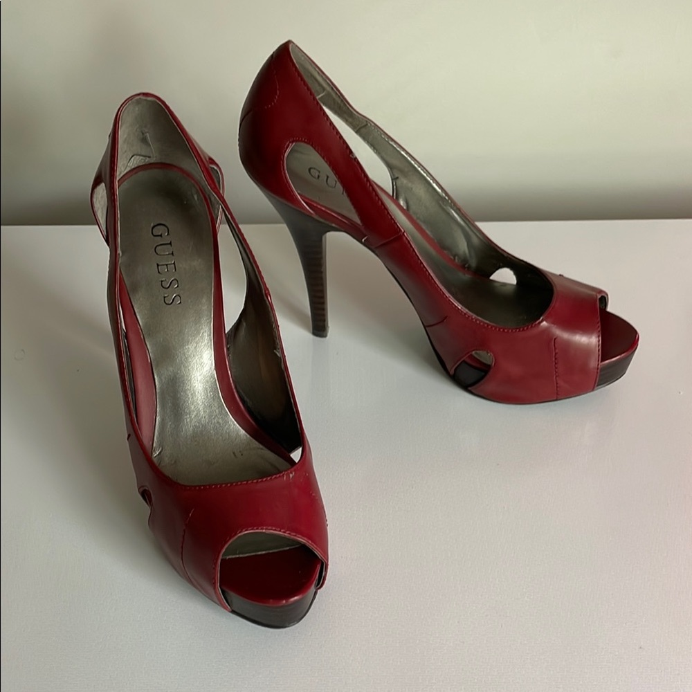 Guess Red Peep-Toe Slingback Heels